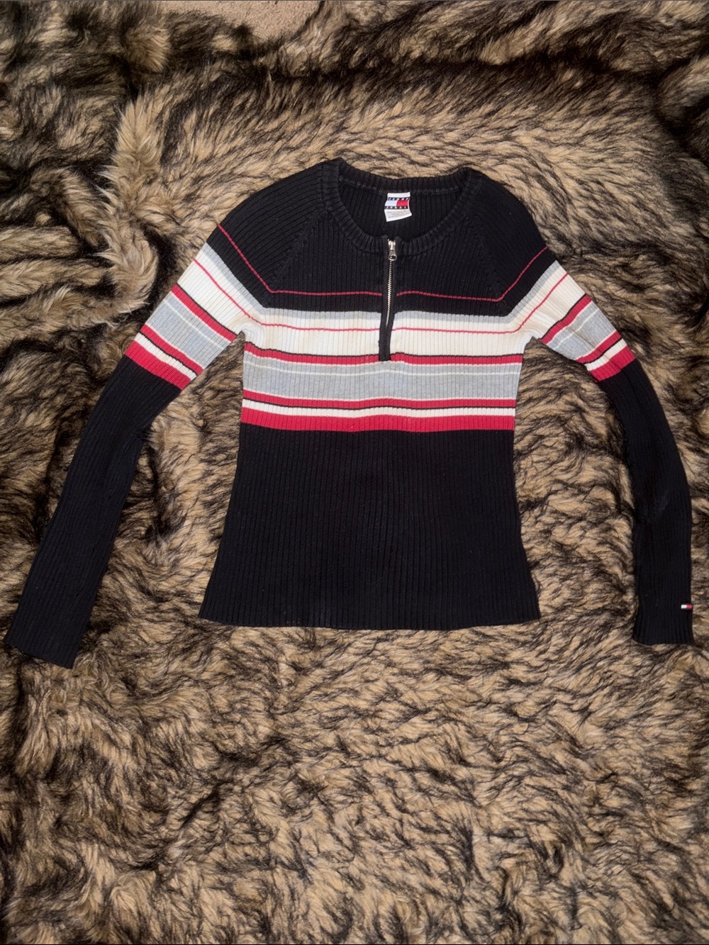 Vintage Tommy Hilfiger Black Ribbed Half-Zip Sweater Red & White Stripes Y2K Med